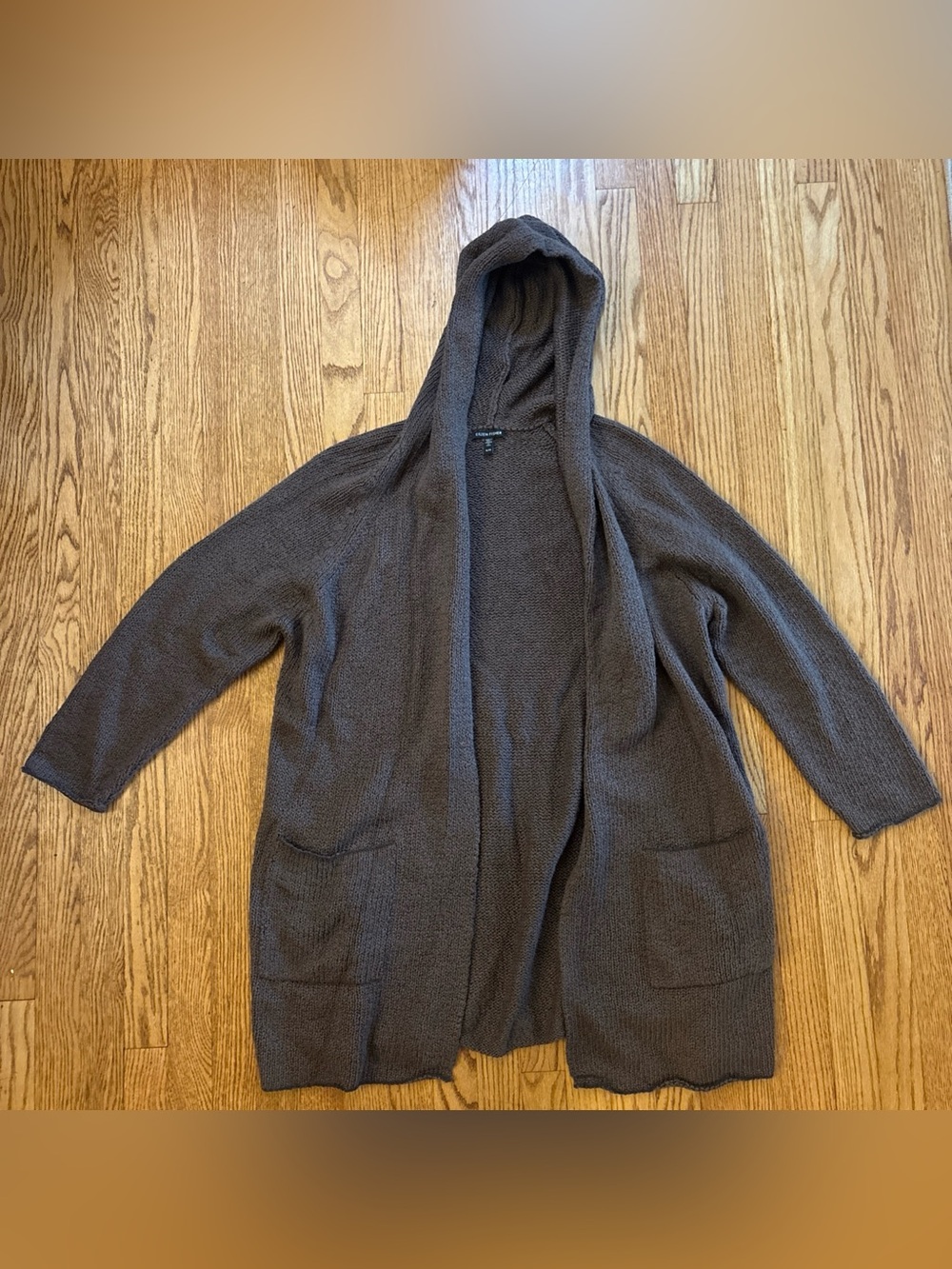 Eileen Fisher Organic Cotton Hooded Cardigan Long Open Front Duster Brown Sz XL